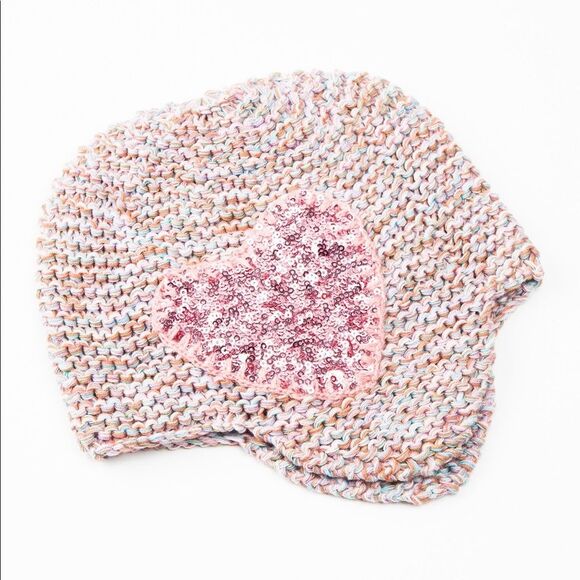 Girls Peppercorn Kids Green + Pink Sequin Heart Beanie Knit Hat with Ear Covers - Picture 1 of 8